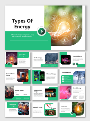 Types Of Energy slides show icons, real-life images, and green blocks explaining forms like heat, sound, light, and motion.