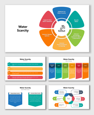 Water Scarcity slides with tap icon, colorful shapes, causes, effects, and solutions shown in charts and text blocks.