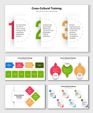 Cross Cultural Training slides with numbered goals, colorful arrows, outcome diagrams, and models for cultural adaptation.