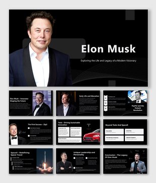 Elon Musk slides with dark theme, profile photos, Tesla and SpaceX visuals, and content on his ventures, life, and leadership