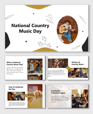 National Country Music Day slides with guitar visuals, cowboy images, gold accents, and content on history and celebration.