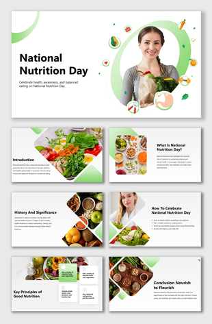 National Nutrition Day slides with green-white theme, healthy food images, icons, and tips on diet, habits, and celebration.