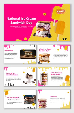 National Ice Cream Sandwich Day slides with pink-yellow theme, dessert images, melting shapes, icons, and fun facts.