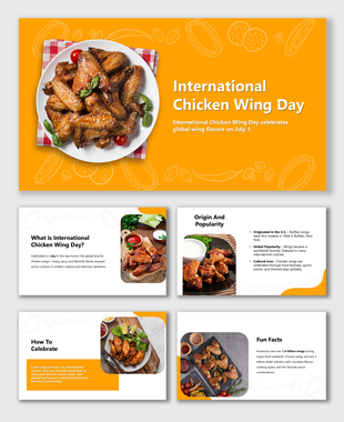 International Chicken Wing Day slides with orange theme, wing images, fun facts, history, and celebration tips.