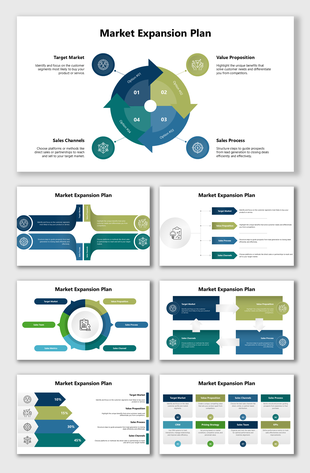 Market Expansion Plan slides with green-blue arrows, icons, and steps covering sales, target market, and value proposition.