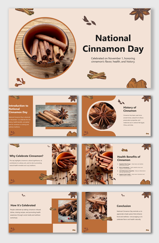 National Cinnamon Day with cinnamon photos, spice icons, warm brown tones, and info on history, health, and celebration.