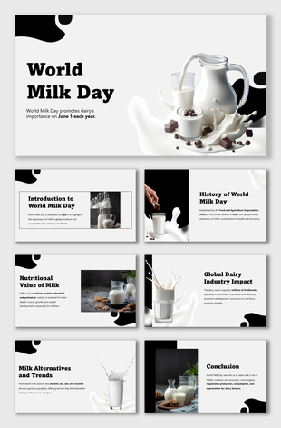 World Milk Day slides with splash graphics, dairy facts, nutrition, and global impact in black-and-white layout.