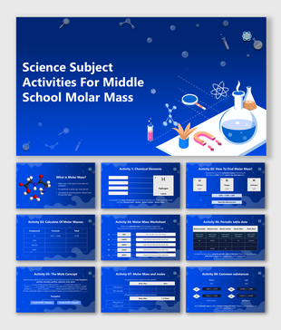 Science Subject Activities For Middle School Molar Mass with lab tools, molecules, periodic tables, and worksheets.