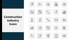 Construction Industry Icons in a 5x5 grid showing tools, buildings, safety gear, and equipment in line style.