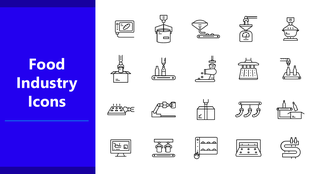 Food Industry Icons in line style showing food processing, bottling, packaging, weighing, and automation tools.