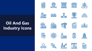 Oil And Gas Industry Icons in blue outline showing rigs, refineries, fuel pumps, pipelines, tanks, and safety gear.