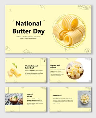 National Butter Day slides with butter curls, creamy visuals, yellow theme, and text on history, uses, and celebration.