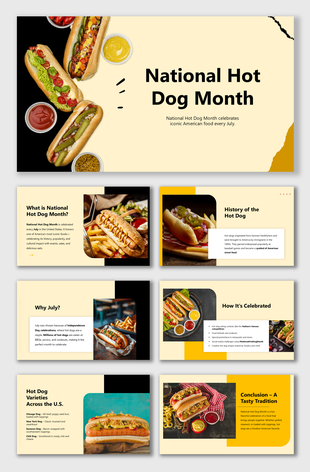 National Hot Dog Month slides with real hot dog photos, yellow theme, bold text, celebration facts, and U.S. style varieties.
