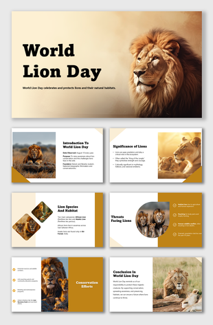 World Lion Day slides with lion images, golden tones, and info on threats, species, habitats, and conservation actions.