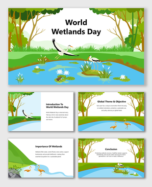 World Wetlands Day slides with wetlands, birds, trees, and content on conservation, biodiversity, and global themes.