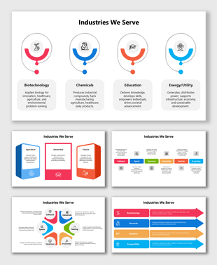 Industries We Serve slide with colorful icons and shapes showing biotech, chemicals, IT, finance, education, and utilities.