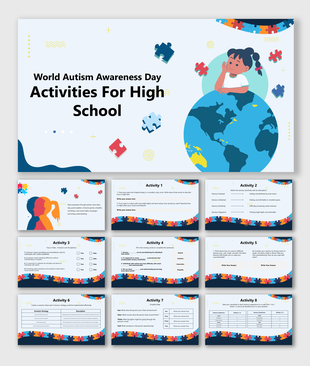 World Autism Awareness Day Activities For High School slides use puzzle icons, blue tones, and empathy-building tasks.