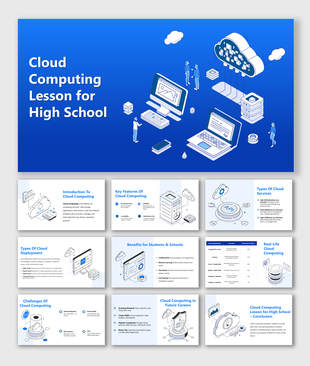 Cloud Computing Lesson for High School with blue isometric slides, showing features, types, benefits, and use cases.