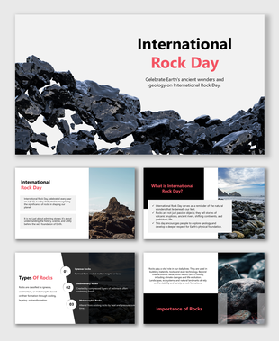 International Rock Day slides with rock images, types of rocks, geology facts, and a clean black-white layout.