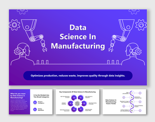Data Science In Manufacturing slide with robotic arms, gears, and key trends like AI, BI, and predictive analytics.