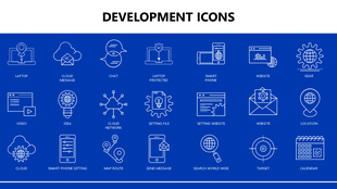 Development Icons set showing laptop, cloud, chat, gear, and mobile tools in white on a blue background.