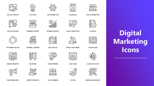 Digital Marketing Icons set with line-style symbols for SEO, ads, video, strategy, and content on white layout.