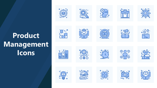 Product Management Icons with 20 blue visuals for planning, finance, strategy, delivery, and performance.