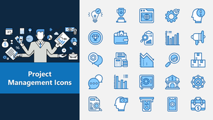 Project Management Icons set featuring charts, graphs, money, documents, gears, tasks, and planning tools.