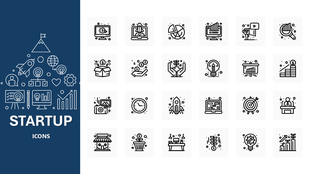 Startup Icons in line style with rocket, lightbulb, growth chart, funding, target, and business desk symbols.