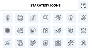 Strategy Icons set with money, target, puzzle, checklist, rocket, trophy, gears, global growth in line art.