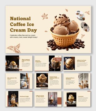National Coffee Ice Cream Day slides with creamy scoops, coffee beans, tan layout, and dessert facts.