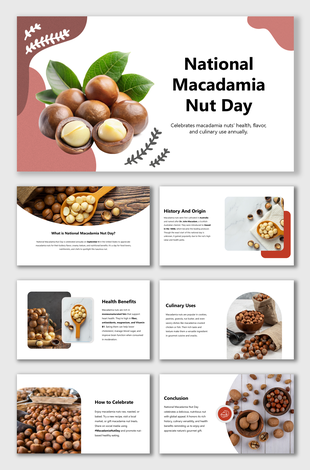 National Macadamia Nut Day slides with nut images, health benefits, origins, recipes, and celebration tips in soft tones.