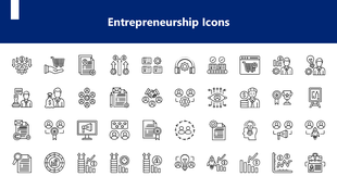 Entrepreneurship Icons slide with 40 outline icons showing business, ideas, growth, finance, and teamwork symbols.