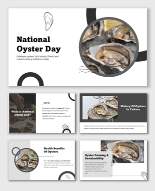National Oyster Day slides with oyster images, bold text, sea-themed shapes, and grayscale color scheme.