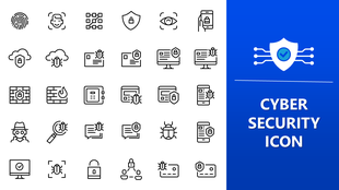 Cyber Security Icons set with shields, locks, servers, and secure login visuals on clean white background.