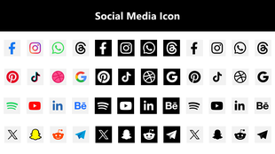 Social Media Icons slide with line-style symbols for chat, likes, shares, followers, and media tools on white tiles.