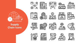Supply Chain Icons with global shipping, warehouse, delivery, and tracking symbols on red and white layout.