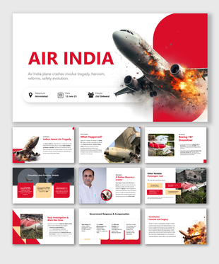 Air India Crash slides show tragic plane explosion, passenger loss, investigation, reforms, and tribute visuals.