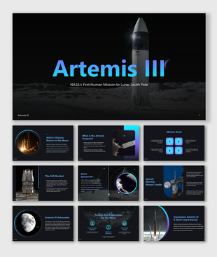 Artemis III slides show NASA lunar rocket, mission goals, astronauts, SLS, Orion, SpaceX lander, and moon science.