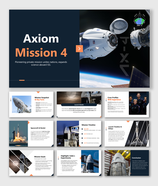 Axiom Mission 4 slides show SpaceX Dragon, crew, rocket launch, mission facts, goals, timeline, and ISS science.