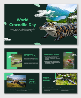 World Crocodile Day slides with real crocodile images, green theme, and facts on threats, roles, and awareness.
