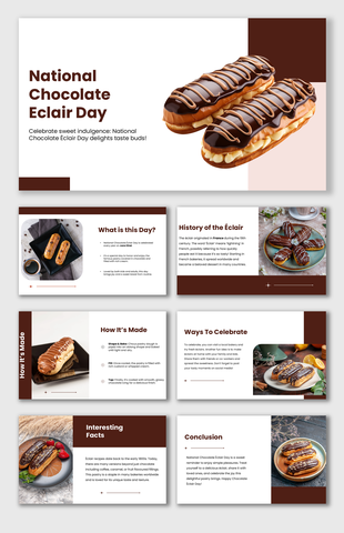 National Chocolate Eclair Day slides with images, brown tones, and facts about eclairs and celebration tips.