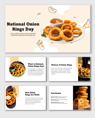National Onion Rings Day slide with crispy rings, dip bowl, fun food icons, and beige orange modern layout.