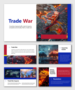 Trade War slides with cargo ship, global map, red-blue text, and charts showing economic conflict visuals.