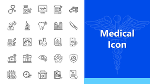 Medical Icon set with stethoscope, hospital, syringe, and lab tools on blue-white themed presentation slide.