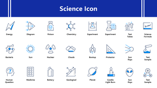 Science Icon slide with lab tools, molecules, and DNA in line style on white background with blue title bar.