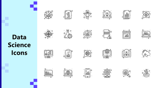 Data Science Icons with charts, code, AI, cloud, and analytics on white grid with blue pixel-style sidebar.