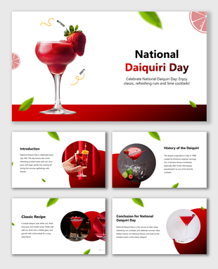 National Daiquiri Day slides with cocktail images, citrus icons, red text blocks, and modern white layout.