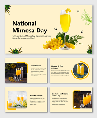 National Mimosa Day slide with champagne glass, orange juice, yellow flowers, and soft cream background.          Ask ChatGPT