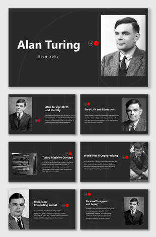 Alan Turing slide deck with grayscale photos, red icons, and sections on AI, codebreaking, and legacy.